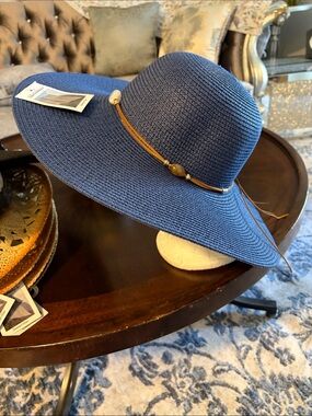 Women's Wide-Brim Blue Sun Hat with Decorative Bead Trim
